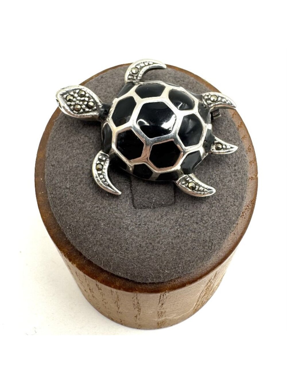 Sterling Silver 925 Black Onyx & Marcasite Turtle Brooch Size 1.5" Length
